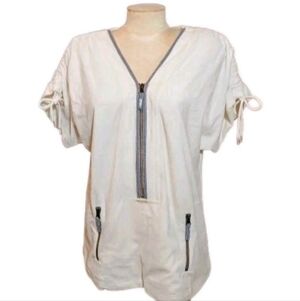 St John Sport Ivory Zip Front Knit Top Drawstring Sleeves Zip Pockets M